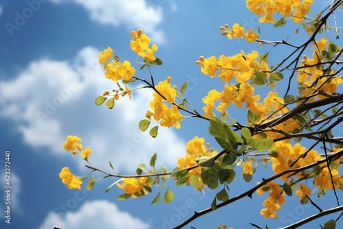 Branch with yellow flowers under blue sky and clouds. Generative AI