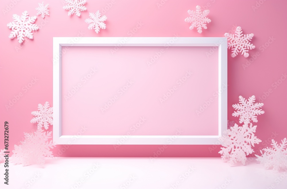 Pink Christmas Background with Snowflakes Frame