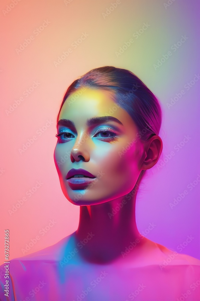 portrait of beautiful woman posing in studio portrait of beautiful woman posing in studio beautiful young model in colorful light with bright makeup and makeup