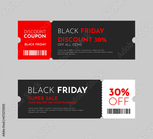 Black friday gift coupon template. 30% off black friday discount coupon. Gift card, holiday promotion ticket design. Vector illustration