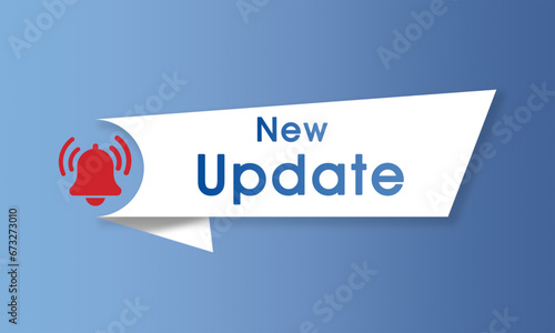 New update alert with bell icon and text on blue background. Update sign for any software, hardware or technology system. Updating or upgrade concept web vector illustration.