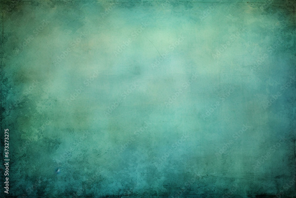Abstract blue green background with soft bright center, glowing with light and dark blue border, featuring an old vintage grunge texture. Generative AI