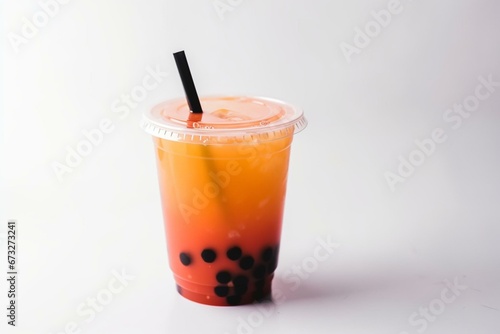 Refreshing Taiwanese beverage served in a plastic cup with a straw on a white background. Generative AI