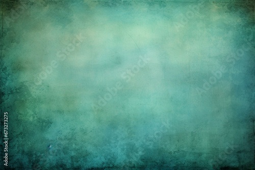 Abstract blue green background with soft bright center, glowing with light and dark blue border, featuring an old vintage grunge texture. Generative AI