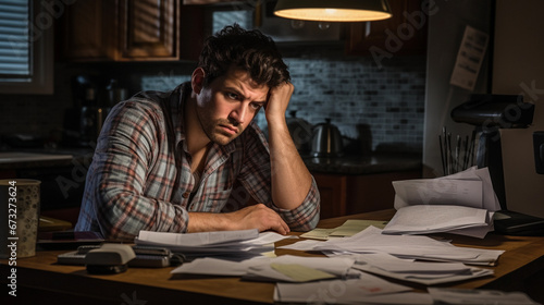 Young Man Struggling with Financial Worries like Paying Bills, Debits and Bankruptcy