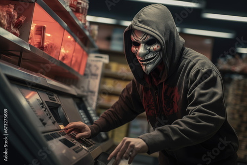 A masked robber robs a store. Store robbery. photo