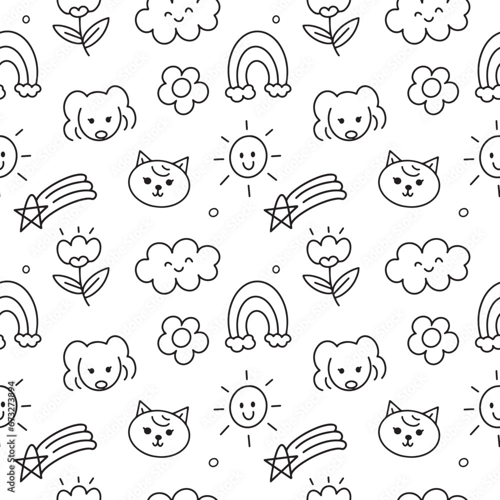 Obraz premium Doodle handdrawn cartoon with black line seamless pattern background for wallpaper, illustration. Animal, cat, dog, flower