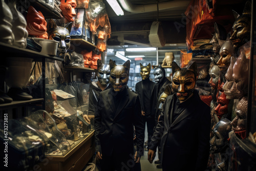 Scary robbers in golden masks are robbing a store. Store robbery.