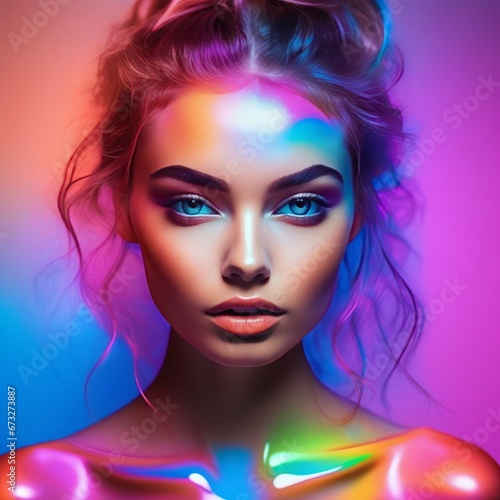 young woman with colorful lights on face young woman with colorful lights on face beauty portrait of a young woman with bright makeup and colorful lights. fashion model with colored neon lights in neo © Shubham