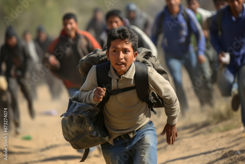 young guy runs with a group of refugees fleeing the war and looking for shelter.