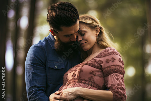 Pregnant couple hugging outdoors © Kien