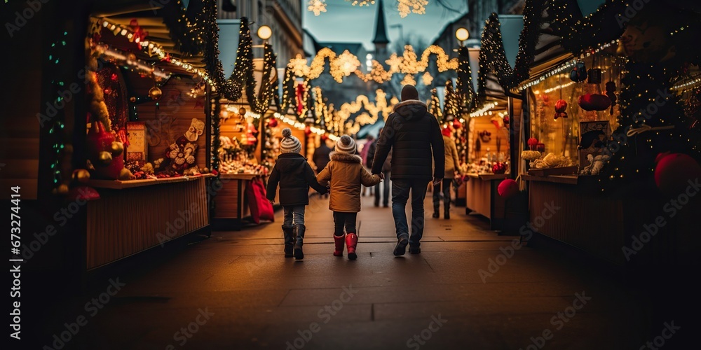 Familly with kid strolling near various stalls, relishing the festive atmosphere of the christmas market , concept of Unbounded Joy