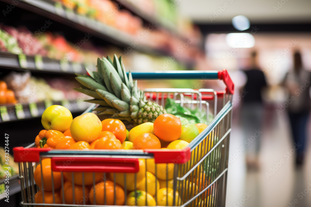 grocery cart with fruits in a supermarket on a blurred background.
