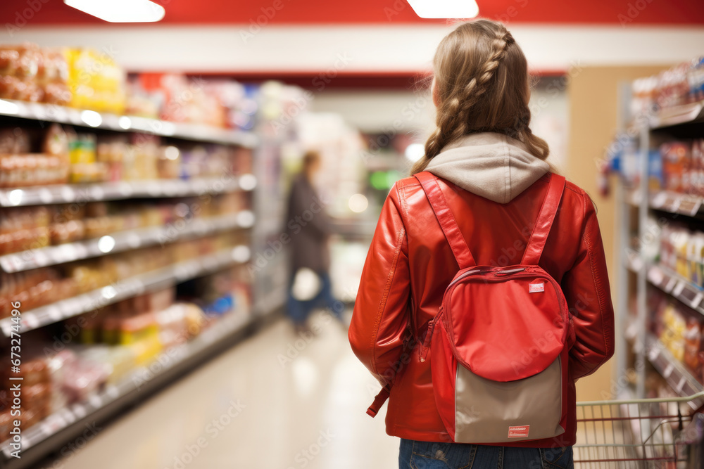 girl in a red jacket and backpack chooses groceries in a grocery store. View from the back.