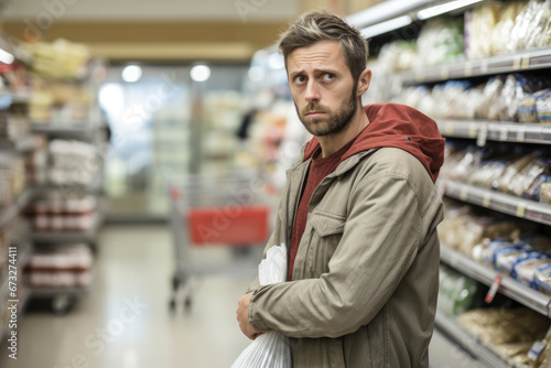 Shoplifter. A man hides stolen goods under his jacket. Retail theft. A man steals from a supermarket. photo