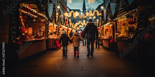 Familly with kid strolling near various stalls  relishing the festive atmosphere of the christmas market   concept of Unbounded Joy