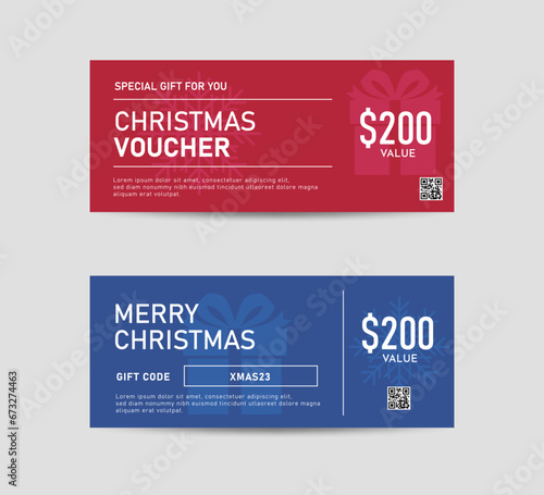 Christmas gift voucher template. Gift discount coupon design for holiday and seasonal sale cards. Vector illustration