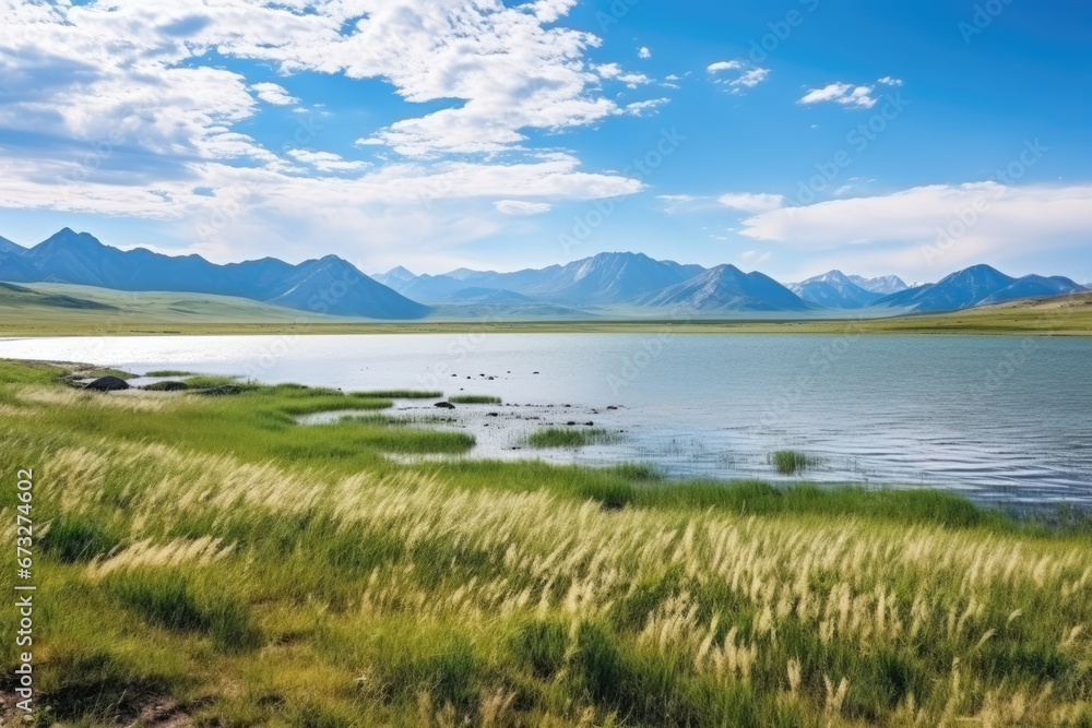 Steppe Lake. Beautiful landscape of a lake in the steppe against the backdrop of mountains, hills and a beautiful sky with clouds.