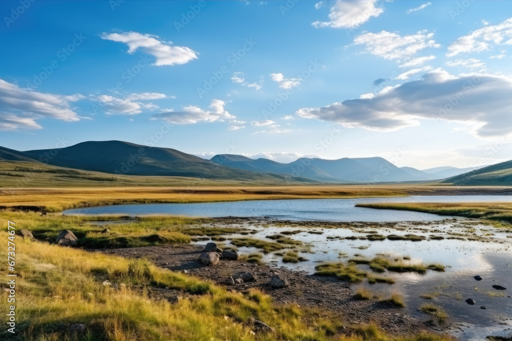 Beautiful landscape of a lake in the steppe against the backdrop of mountains, hills and a beautiful blue sky with clouds. Steppe Lake.