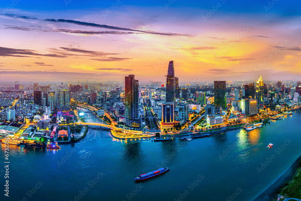 Fototapeta premium Aerial view of Ho chi minh city or Saigon city at twilight in Vietnam.