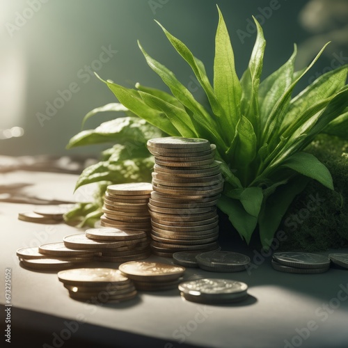 money coins and green plant in a pot money coins and green plant in a pot stack of coins and green plants with green leaves on wooden table. saving money  investment and accounting concept.