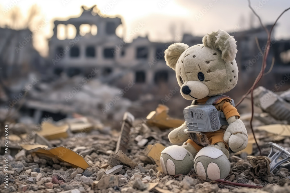 children's toy against the background of the ruins of a destroyed house. children's toy against the background of the ruins of a destroyed house.