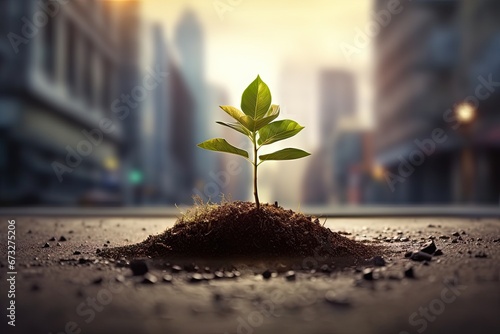 Nurturing growth. Environmental life and new beginnings in close up bokeh background. Seedling growth on city and botanical photo