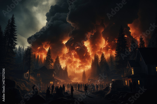 Forest fire against the backdrop of a village with people. People are fleeing a forest fire approaching their homes.