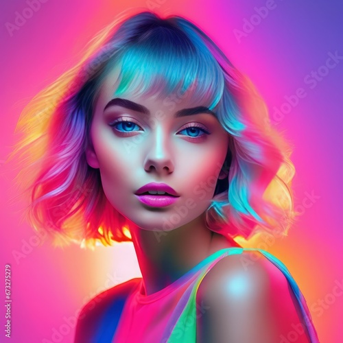 young woman in pink neon lights on a dark background young woman in pink neon lights on a dark background young girl with creative hairstyle. © Shubham