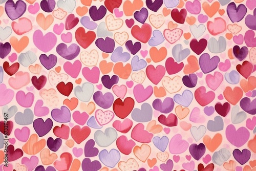 Background with colorful hearts. Valentine wallpaper featuring pink, cream, and purple love hearts. Generative AI © Ryleigh