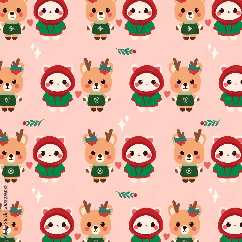 Adorable Cat and Reindeer on Pink Seamless Pattern. Cute Seamless pattern features a cat and a reindeer, on a soft pink background. Adorable Cat and Reindeer on Pink Seamless Pattern. Cute Seamless pattern features a cat and a reindeer, on a soft pink background.