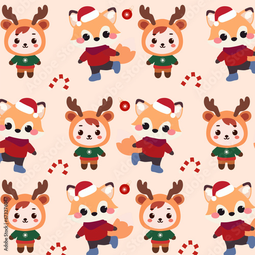 Cute seamless pattern features a playful fox, a reindeer, and candy cane on a background of soft colors.