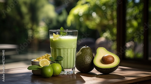 Delicious Green Fresh Avocado Smoothie or Shake  With Lemons Selective Focused Background