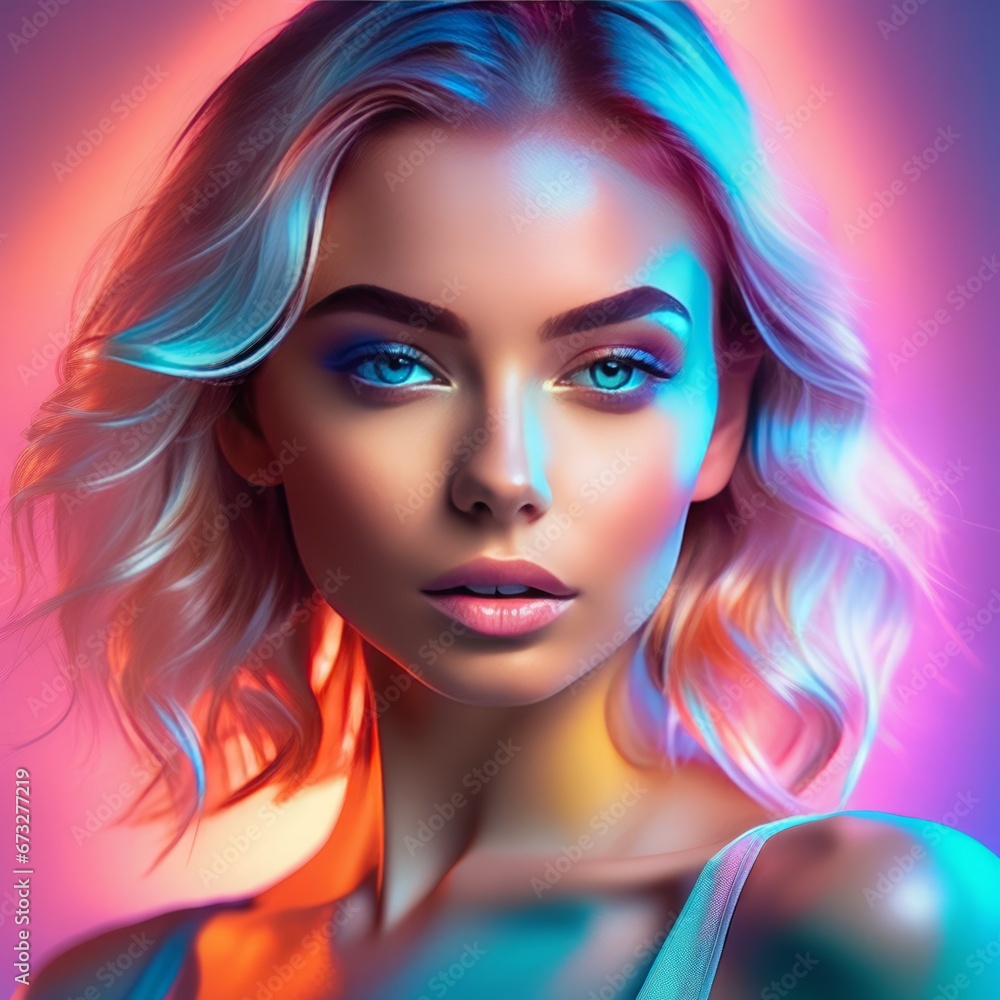 beautiful blonde woman with colorful makeup in blue lights beautiful blonde woman with colorful makeup in blue lights portrait of beautiful young woman with colorful makeup and hairstyle in neon light
