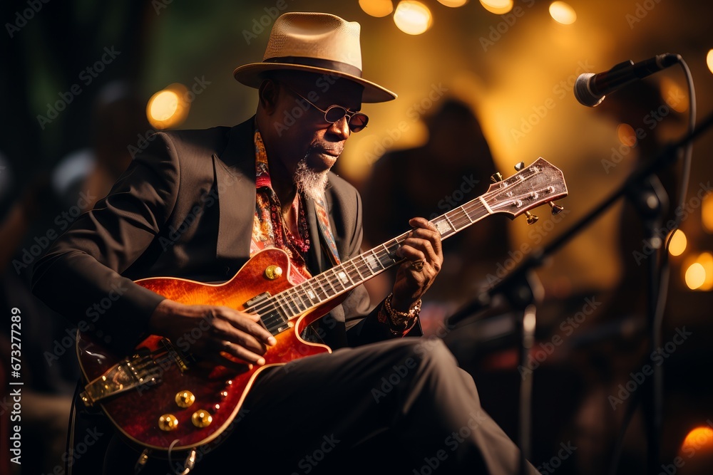 Obraz premium black jazz soloist playing guitar 