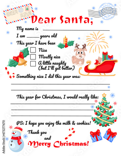 Letter to Santa. For print. Christmas wish list. Template for children