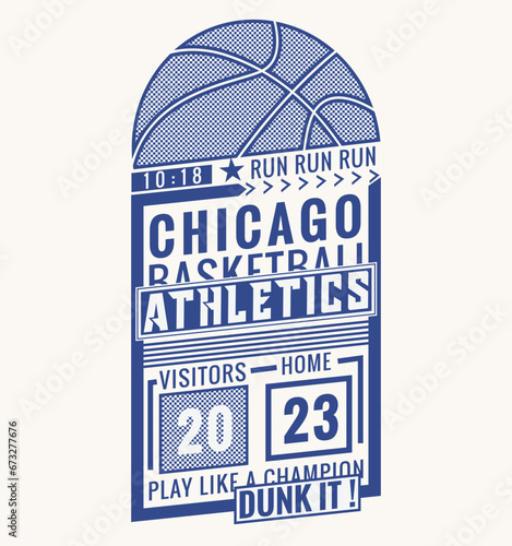 Typographic vector illustration of basketball theme badge. t shirt graphics