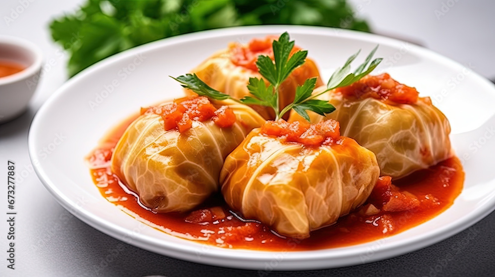 Cabbage Rolls Stuffed with Ground Beef and Rice Served on a White Plate Defocused Background Cabbage Rolls Stuffed with Ground Beef and Rice Served on a White Plate Defocused Background