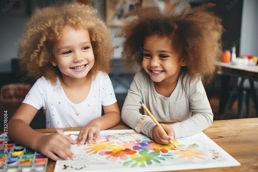 caucasian and afro female children painting together on table. generative AI caucasian and afro female children painting together on table. generative AI