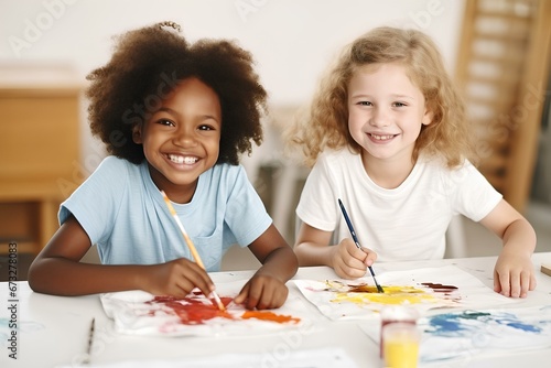 caucasian and afro female children painting together on table. generative AI
