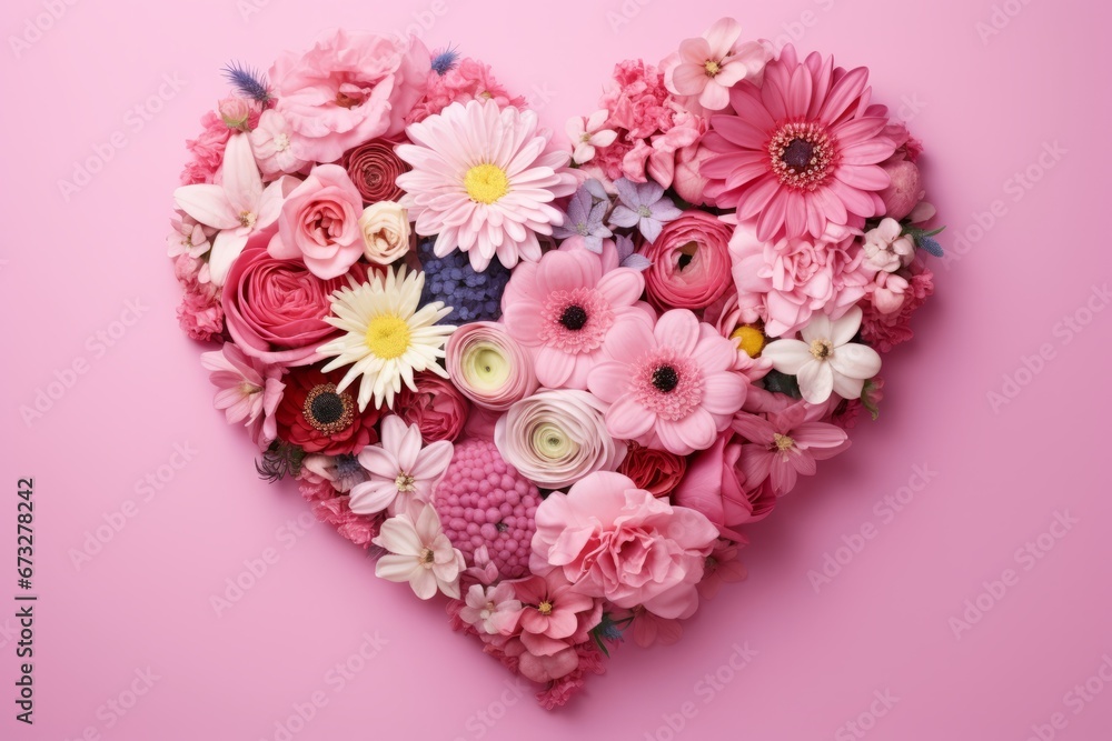 Heart-shaped composition from various flowers on a pink background. AI generative Heart-shaped composition from various flowers on a pink background. AI generative