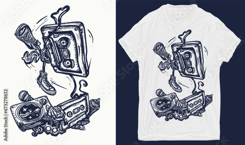 Old school music. Audio cassette dances break dance. Creative print for clothes. T-shirt design. Template for posters, textiles, apparels. Musical street culture. Cool hip hop break dancer