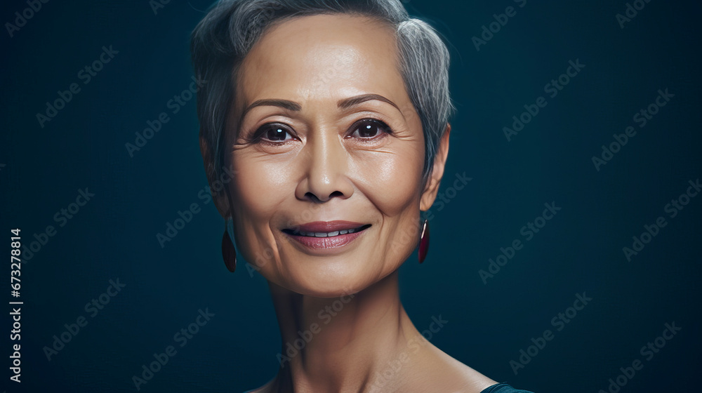 Elegant, smiling, elderly, chic Asian woman with gray hair and perfect skin on a dark blue background banner. Elegant, smiling, elderly, chic Asian woman with gray hair and perfect skin on a dark blue background banner.
