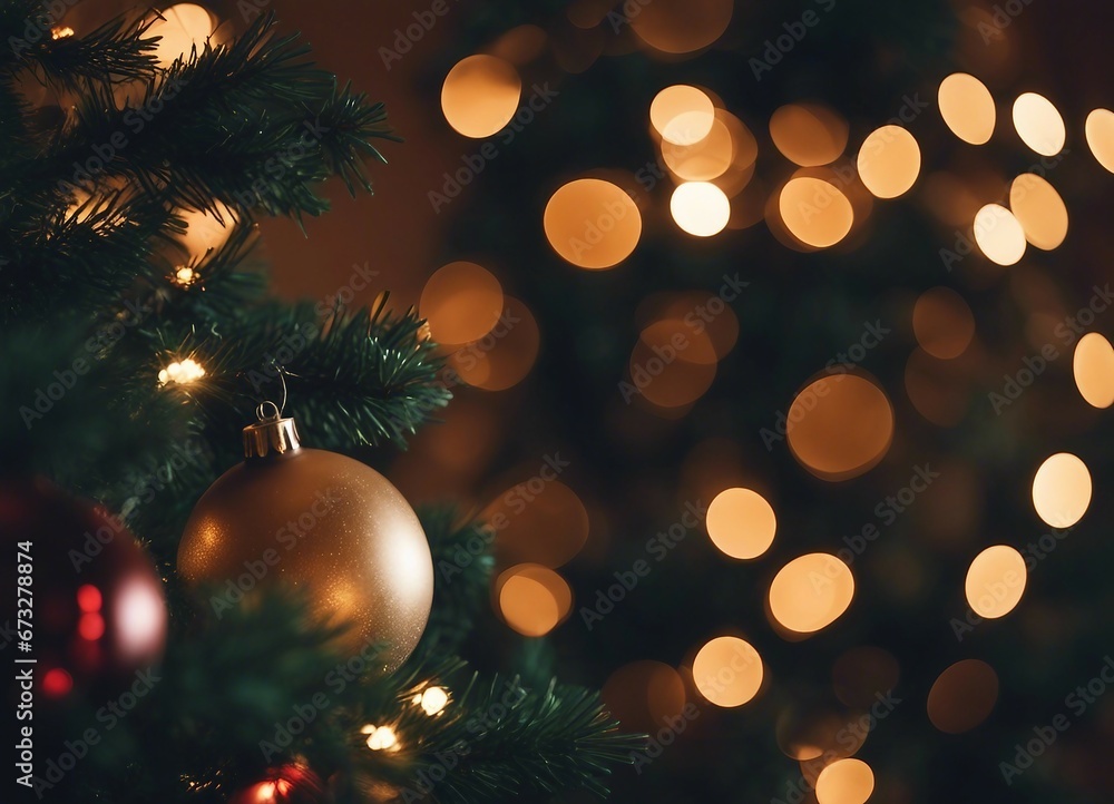 Christmas tree has dark green decorations and a bokeh background Christmas tree has dark green decorations and a bokeh background