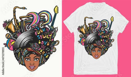 Life music. African American young funky woman. Hippie musical girl, saxophone, guitar and retro rainbow boom box. Creative print for clothes. T-shirt design. Template for posters, textiles, apparels