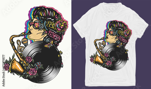 Music girl, portrait. African American funky woman plays a saxophone. Vinyl disk, saxophone, microphone, notes. Creative print for clothes. T-shirt design. Template for posters, textiles, apparels
