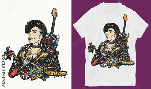Punk girl. Woman rock musician and electric guitar. Punker with mohawk hairstyle, guitarist. Hooligans lifestyle. Anarchy art. Street music culture.. Creative print for clothes. T-shirt design