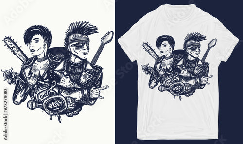 Punk music. Punker with mohawk hairstyle, guitarist. Rock and roll couple. Hooligans lifestyle. Anarchy art. Template for posters, textiles, apparels. Creative print for clothes. T-shirt design