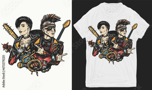 Punk music. Punker with mohawk hairstyle, guitarist. Anarchy art. Rock and roll couple. Hooligans lifestyle. Creative print for clothes. T-shirt design. Template for posters, textiles, apparels