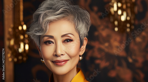 Elegant, smiling, elderly, chic Asian woman with gray hair and perfect skin on golden background banner. photo